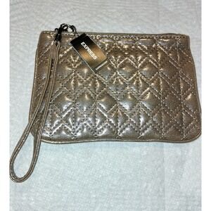 Express Metallic Quilted Wristlet Clutch Gold Champagne Zip Pouch NWT